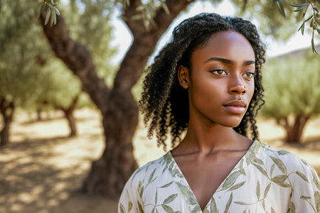 black young woman in an olive grove, wearing a white blouse with green leaves, under a blue skyの素材