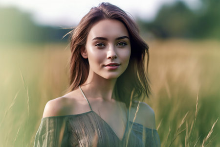A pyoung smiling woman stands amidst tall grass in a natural setting, wearing a green top, under soft morning or afternoon lightの素材