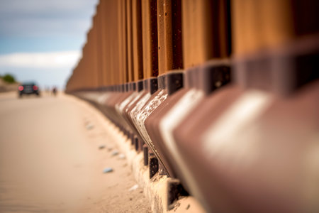 A close-up of a rusted metal barrier with a sandy path and vehicles in the background under an overcast skyの素材