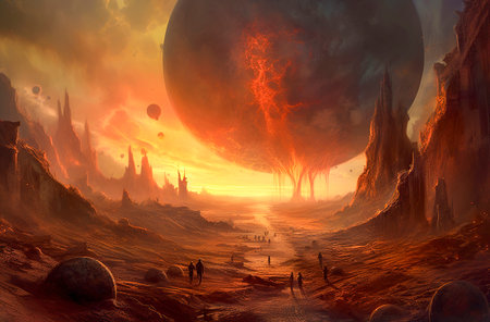 an alien landscape with towering rocks, explorers, and a vibrant sky, evoking mystery and adventure.の素材