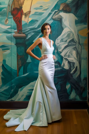 elegant woman in a white dress stands before a colorful mural with classical artwork, creating a dramatic and elegant sceneの素材