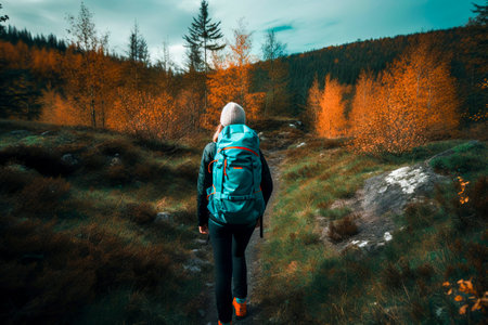 with a backpack walks amidst autumn trees, capturing the serene beauty of natureの素材