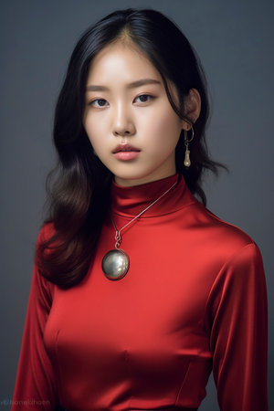 asia young woman in a red top, large pendant, and earrings stands against a grey backdropの素材