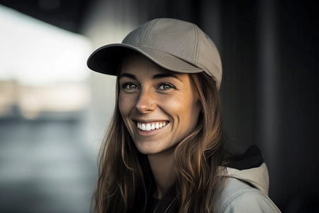 smiling young brunette woman with a cap on the streetの素材