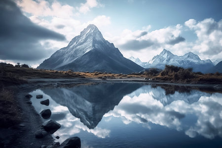 majestic mountain reflected in a tranquil lake under a partly cloudy sky, embodying nature s serene grandeurの素材