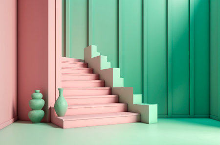 a modern, minimalist aesthetic with a pink staircase and two green vases against a contrasting green wallの素材