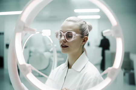 stands before a circular light in a bright, modern setting, exuding a professional auraの素材