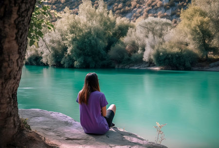 enjoying the tranquility of a turquoise lake, surrounded by lush greenery in peaceful solitudeの素材
