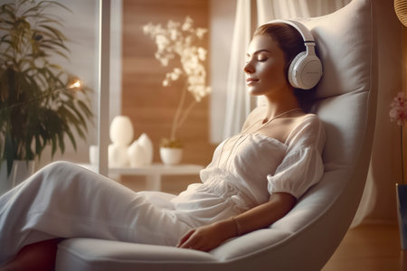 a relaxed woman in white, enjoying music on a chair, in a warmly lit, elegant settingの素材