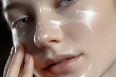 Close-up of a woman's face applying cream, body care conceptの素材
