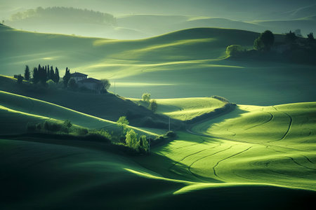 A serene landscape of rolling green hills, with a house surrounded by trees, bathed in soft morning lightの素材