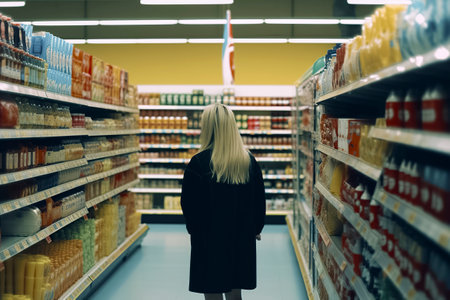 A shopper in a bright, organized supermarket aisle, surrounded by diverse, well-stocked products, reflecting a calm shopping atmosphereの素材