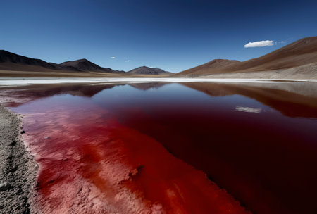 A vivid red lake amidst barren mountains under a clear blue sky, showcasing nature s contrasting and vibrant colorsの素材