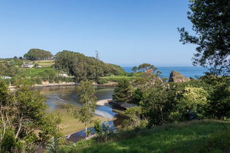 serene bay with houses nestled in lush greenery, under a clear blue sky, with the open sea in the backgroundの写真素材
