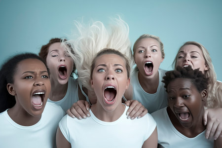 Five happy women in white shirts, diverse hair textures, against a light blue backgroundの素材