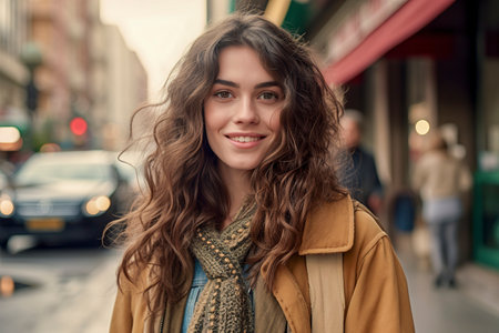 yhoung smiling pretty woman in a multicolored scarf and coat stands on a city street with cars and buildingsの素材