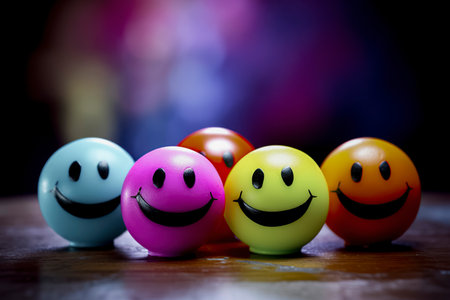 Four colorful smiley face balls lined up against a blurred, multicolored background, exuding joy and playfulnessの素材
