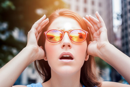 young woman with sunglasses on the street of a city with sunglassesの素材