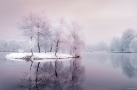 A tranquil winter scene with a snow-covered island, bare trees, and a reflective lake under a gradient skyの素材