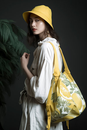 young pretty woman in white with a yellow hat and backpack stands beside greenerの素材