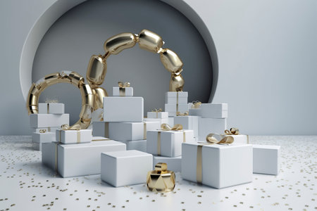 Golden balloon arch, white gift boxes with golden ribbons, elegant backdrop, celebratory and minimalist elegance for a special eventの素材