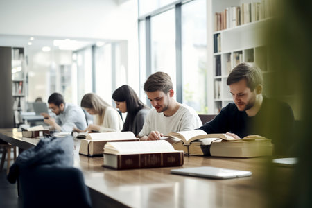 young people studying books at a long table in a modern, well-lit libraryの素材