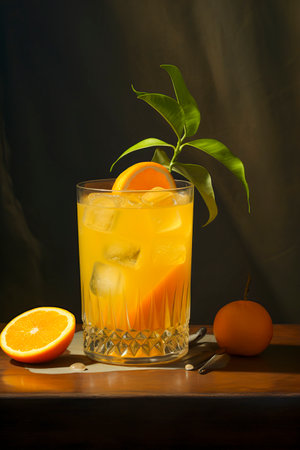 A refreshing orange drink with ice, garnished with an orange slice and green leaves, beside a cut orange on woodの素材