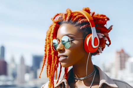 black young woman with colorful hair, wearing red headphones and a necklace, in a busy cityscapeの素材