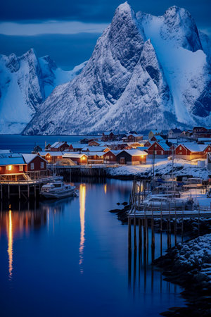 serene snowy landscape with illuminated red houses by a calm harbor, overshadowed by towering, snow-covered mountains at duskの素材