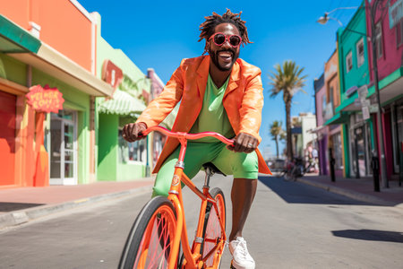 black man in colorful attire riding an orange bicycle on a vibrant, sunny street with colorful buildingsの素材