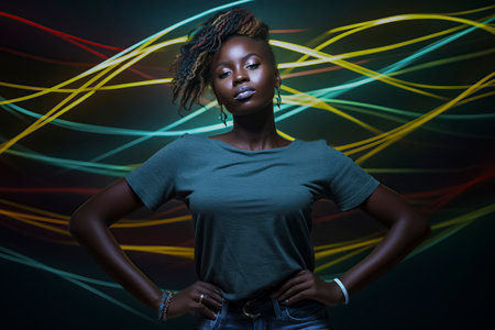 black woman standing confidently against a dynamic, colorful light trail backgroundの素材