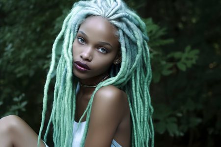 A pblack prett woman with green dreadlocks and a necklace, wearing a tank top, is sitting outdoorsの素材