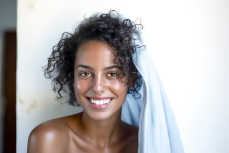 Smiling pretty young black woman with a towel over her head just out of the showerの素材