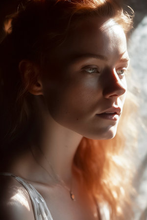 Guapa red -haired woman with blue eyes giving a melancholy appearanceの素材