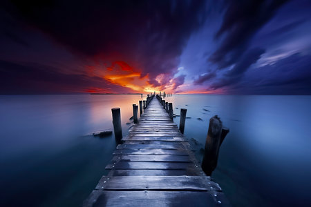 serene lake with a wooden pier under a sky transitioning from sunset to night, reflecting a dramatic ambianceの素材