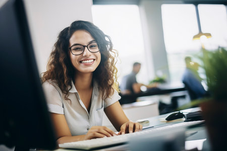 woman is working at a desk with a computer in a bright office environmentの素材