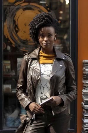 in a leather jacket and yellow top, holding a book in front of an artistic window displayの素材