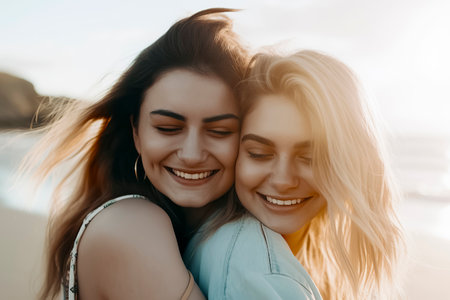 two women lovers are embracing in soft sunlight, creating a warm and intimate atmosphereの素材