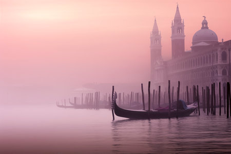 serene, misty scene of Venice with a gondola, wooden posts, and an architectural structure under a soft pink skyの素材