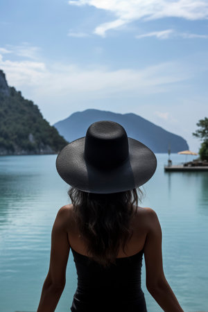 woman in a hat overlooking serene waters, with distant mountains under a clear sky, emanating tranquilityの素材