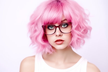 pretty woman with pink hair and a white top, standing against a light backgroundの素材