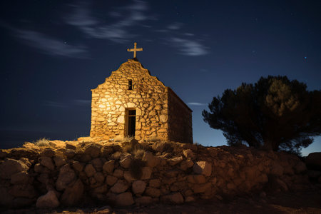 A stone chapel with a cross, illuminated at night, sits amidst rocks under a starry sky, beside a dark treeの素材
