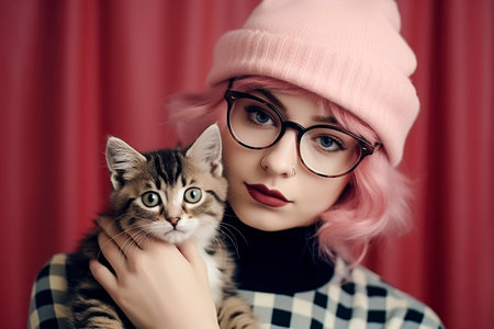 a pretty woman in a checkered outfit and pink hat holding a cute kitten against a red backgroundの素材