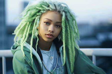 black woman with vibrant green dreadlocks and headphones, standing against a blurred urban backdropの素材
