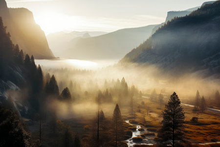 a breathtaking view of a serene, misty valley with sunbeams illuminating the fog, surrounded by towering mountains and dense forestsの素材