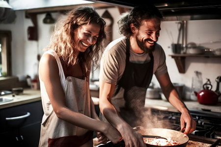 Two people are cooking together in a modern, well-lit kitchen, stirring food in a pan from which steam is risingの素材