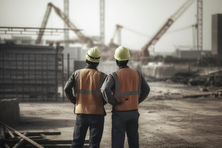 Two workers in safety gear observe a large construction site with cranes and unfinished structuresの素材