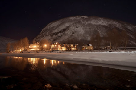 A serene, snowy landscape at night with illuminated houses, a reflective lake, and a large snow-covered mountain backdropの素材