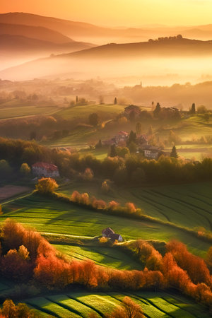 Photo pour A serene landscape at sunset, with rolling hills, green fields, scattered buildings, and a warm, golden light illuminating everything - image libre de droit