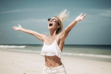 blonde woman in a white top shouting eliz with open arms on the beachの素材